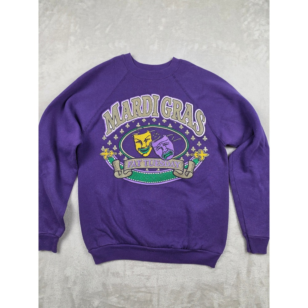 Vintage Mardi Gras Sweatshirt Mens M Fit S Purple Fat Tuesday 90s USA Made *Read